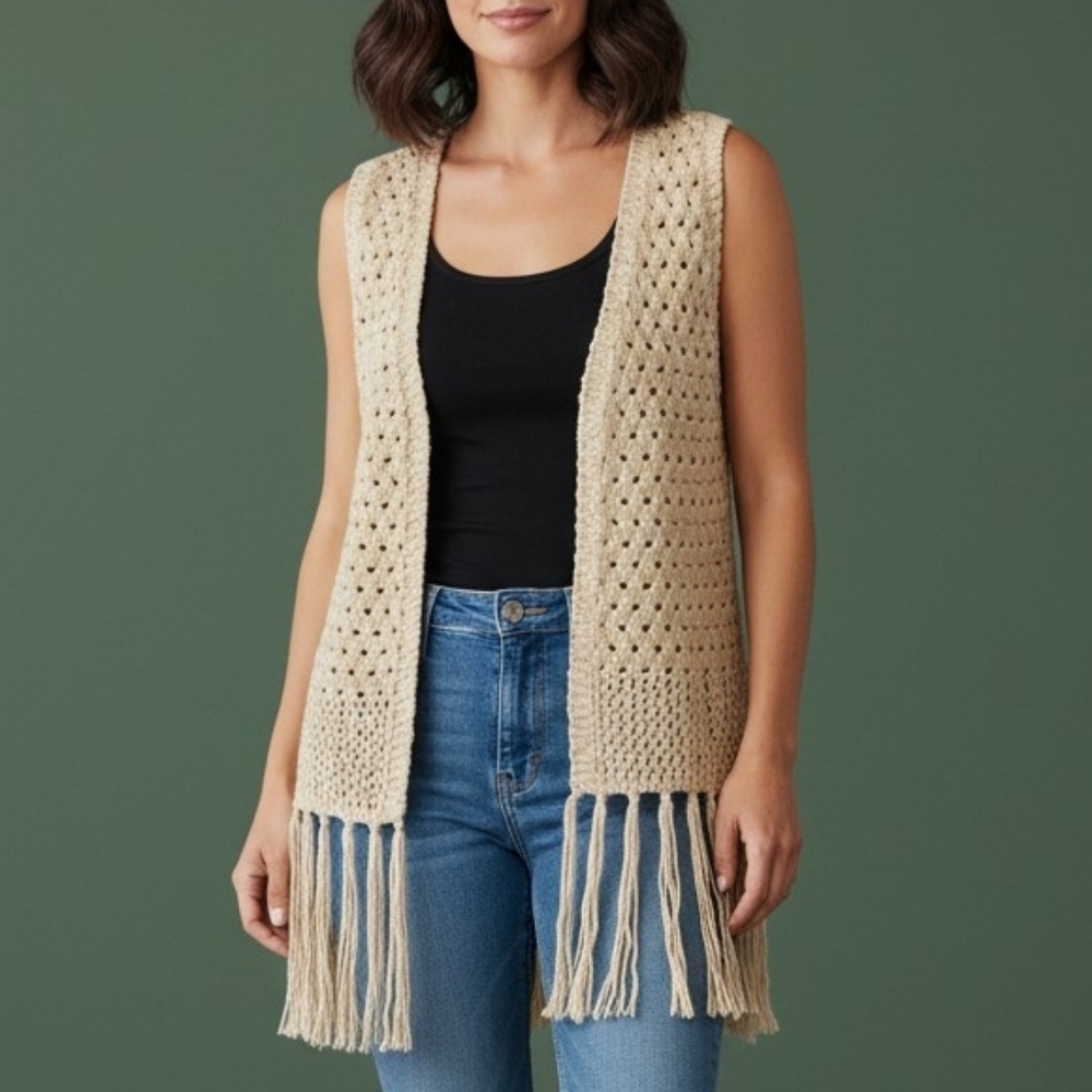 XHILARATION Western Boho Crochet Open Front Fringe Festival Sweater Vest